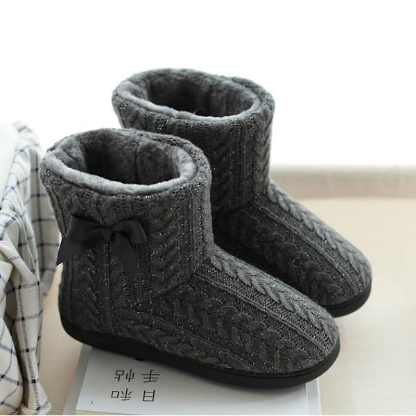 Kvinnor Stickad Bootie Toffel Varma Tofflor Plyschfodrad Anti-Slip grey 23.5 cm