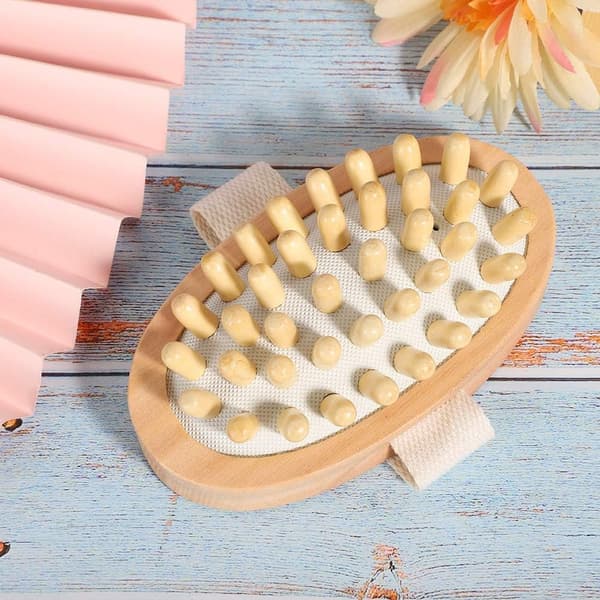 Håndholdt elastisk luftpude brusebørste til kropsmassage i naturligt træ