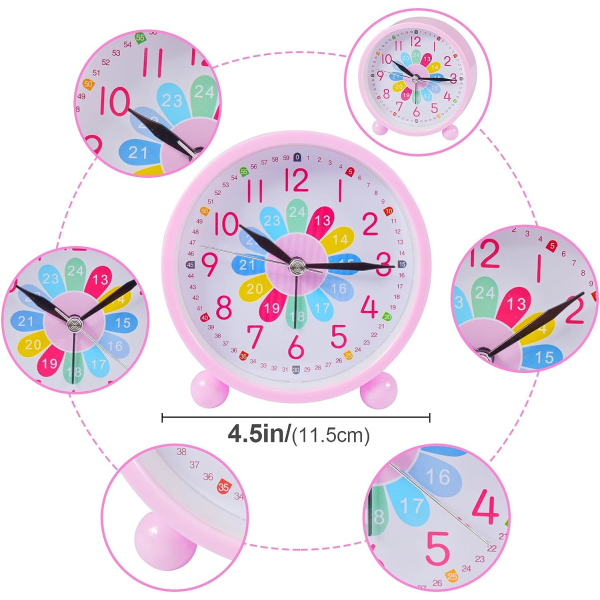 Analog barnklocka, digital barnklocka, tick-fri alarmklocka, sängklocka (rosa)