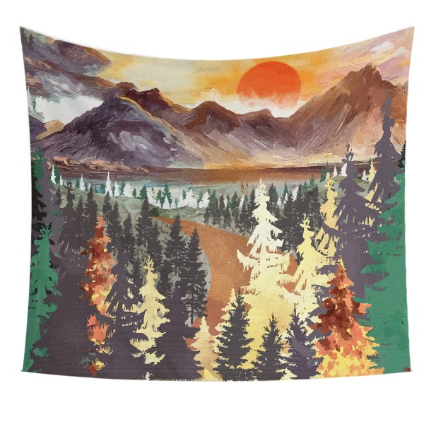 Forest Mountain gobeläng, hängande solnedgångslandskap, stor gobeläng (150x130 cm) 150*130cn