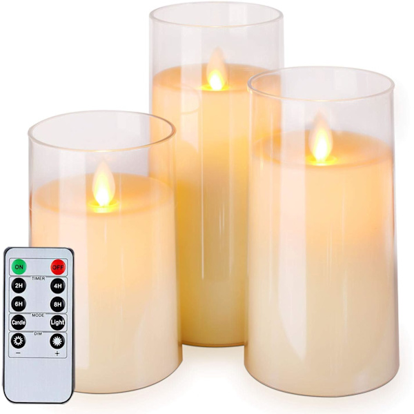 Vita flimrande flamlösa ljus, med fjärrkontroll och timer, set om 3