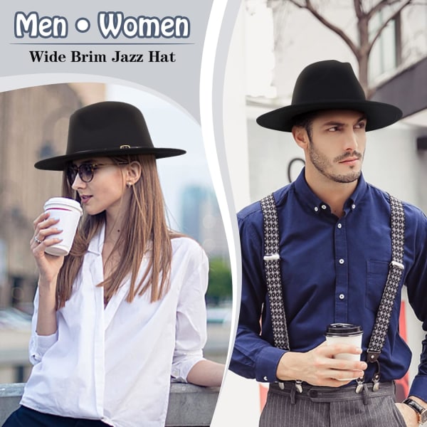 Fedora-hatt för kvinnor för flickor Vinterjazzhatt cap - vintage retrohattar med bred brätt (svart)