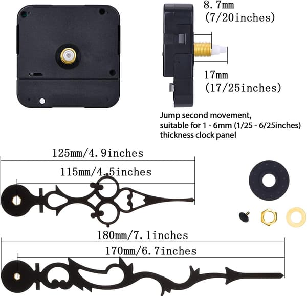 Kvarts urværk med 170 mm / 6,7\" urvisere til gør-det-selv vægur (sort)