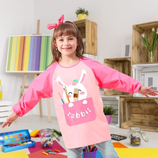 Kaninmålningsförkläde Dubbellager Barnförkläde Ålder 3-8 år Vattentätt med fickor（stil 2）