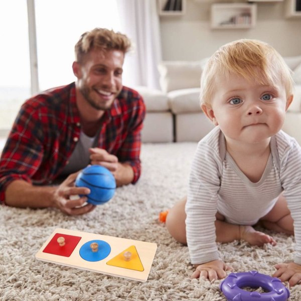 Träpussel med tre färger, geometriska former, matchande baby pedagogisk leksak