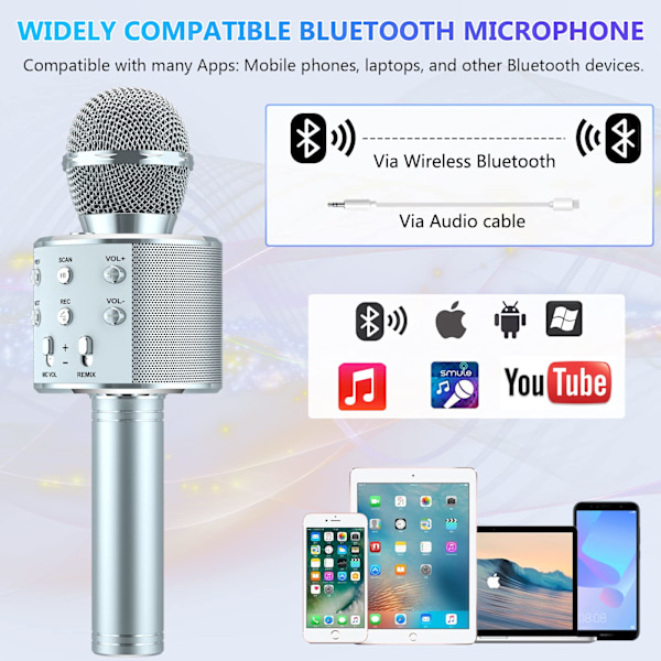 5 i 1 barn Bluetooth-mikrofon med högtalare, bärbar mikrofonleksak (silver)