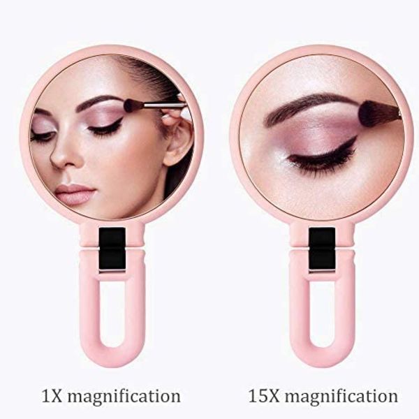 1X 15X Förstorande Handhållen Spegel, Dubbelsidig Fällbar Handhållen Spegel för Kvinnor med Justerbart Handtag, Resebordstativ (Rosa) Pink