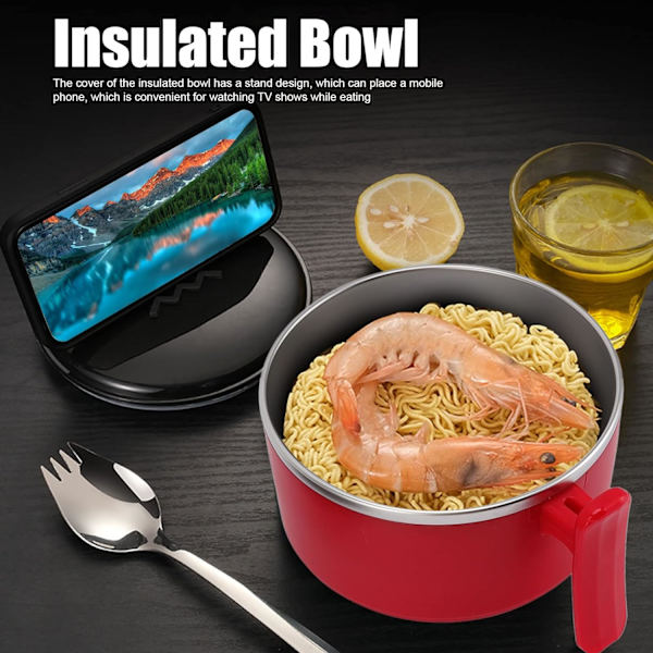 Isolerad skål, Ramen skål, 304 Rostfritt stål Dubbel Instant Pastaskål med lock (röd) red