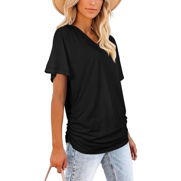 Kortärmade toppar för kvinnor, sommartröjor, basskjorta med V-ringad (svart L) Black