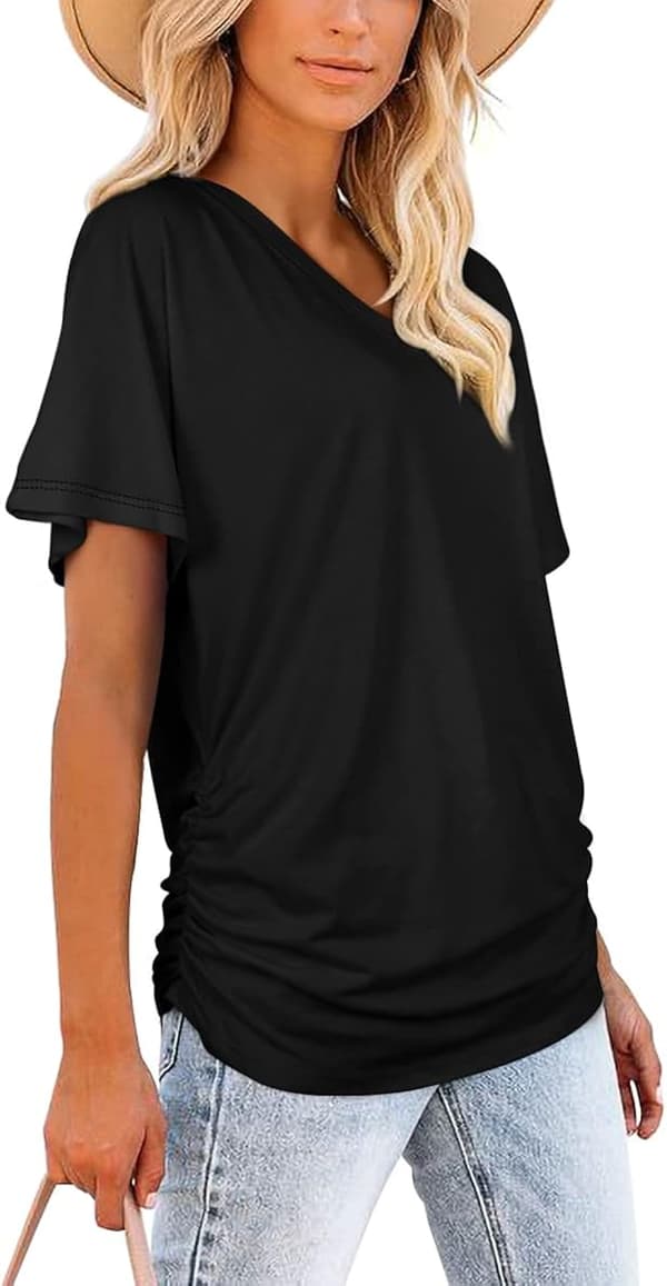 Kortærmede toppe til kvinder, sommertoppe, V-hals basic T-shirt (sort XL) Black
