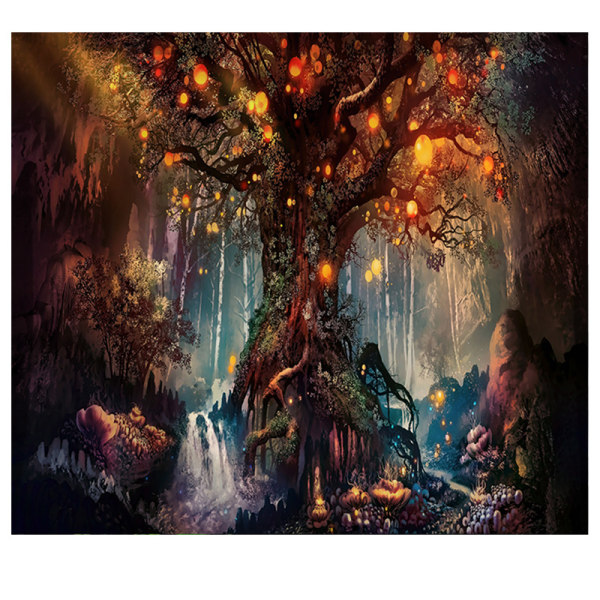 Livets träd gobeläng, vattenfall med alver under det gamla förtrollade trädet, Forest Fireflies Psychedelic Tapestry