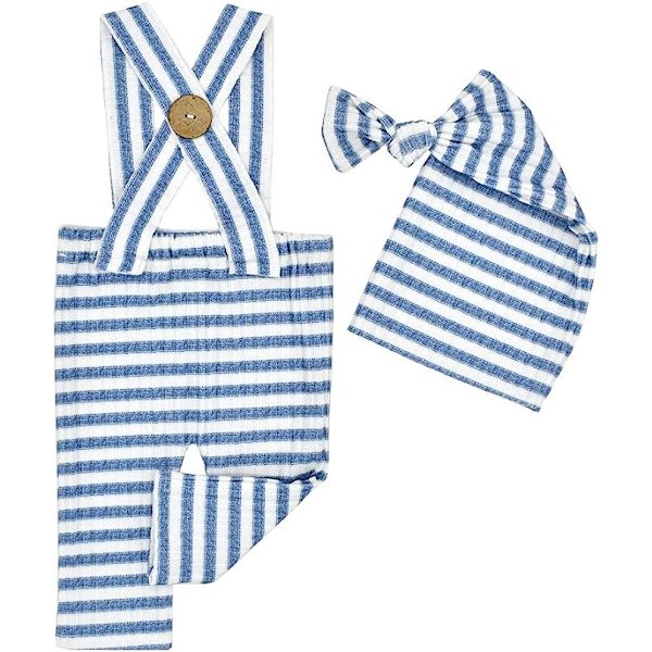 Nyfödd babyfotografering rekvisita kläder randig jumpsuit romper knut mössa för 0-2 månader (blå) color 2