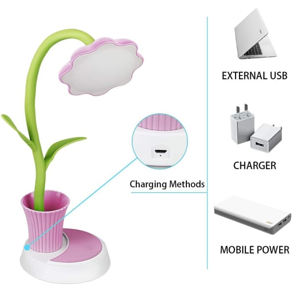 LED-skrivbordslampa, barnens skrivbordslampa, 3 ljusstyrkenivåer, sänglampa, dimbar, pennhållare