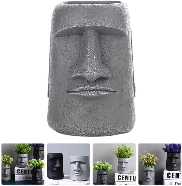 Påskön Moai huvud staty suckulent planter mänskligt ansikte planter, grå color 2