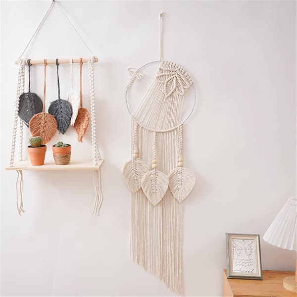 Boho Makramee-seinävaate, käsin kudottu lehtiseinämatto