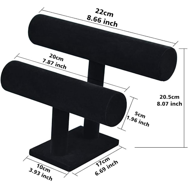 2-vånings T-bar smyckeshållare för armband, halsband, klocka, smyckesorganisatör (svart)