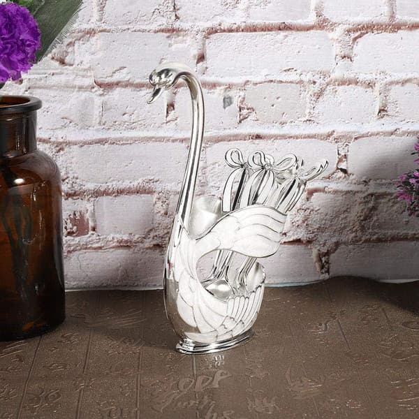Metalske kaffe dessert ske sæt, bestik svane base holder ske organizer (Sølv L) Silver L