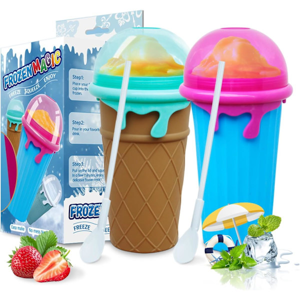 Slushy Maker, Rolig Slushmaskin, Snabbfryst Smoothiekopp, Slushykopp (Brun + Blå)