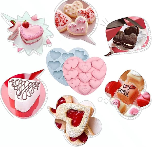 2 stk. hjerte sjokoladeform, 3D silikon bakeform, med 3 former og 9 hull (rosa+blå)