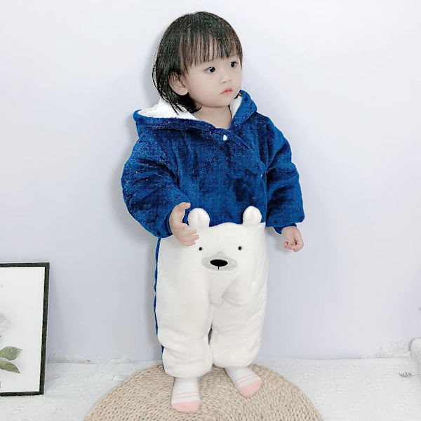 Fleece Overall med huva, långärmad lekdräkt, nyfödd vinterbody, babykläder (blå 80 cm) 80cm