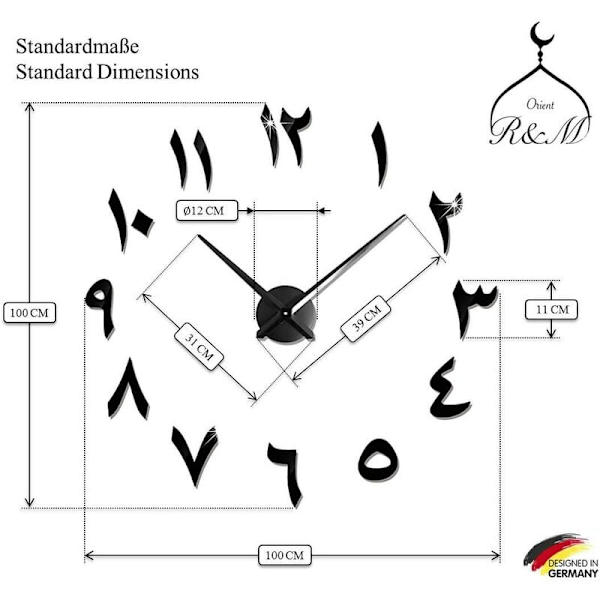 3D arabisk DIY tyst klocka - Dekorativ present till hemmet - Vardagsrum Hemmakontor - 2 års garanti (Svart)