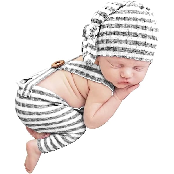 Nyfödd babyfotografering rekvisita kläder randig jumpsuit romper knut mössa för 0-2 månader (grå) color 3