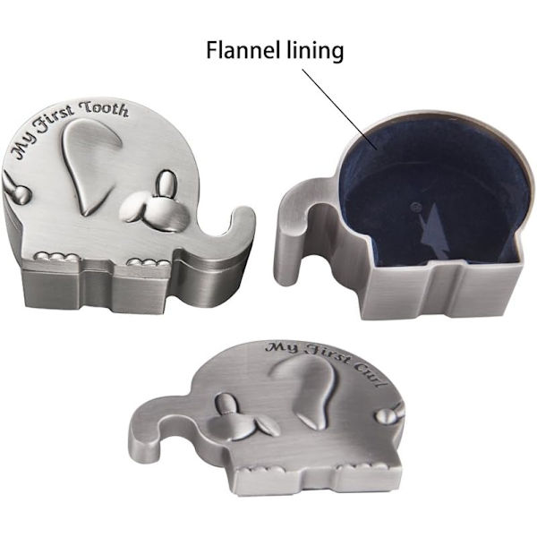 Första lock och första tand minneslåda för barn metallisk graverad elefantform (6 x 4 x 3 cm)