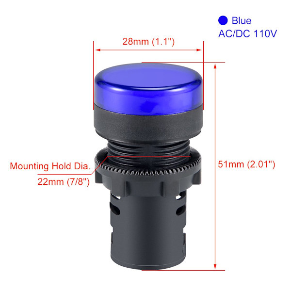 2 st AC/DC 110V Indikatorlampor, Blå LED, Infälld Panelmontering 7/8\" 22mm blue