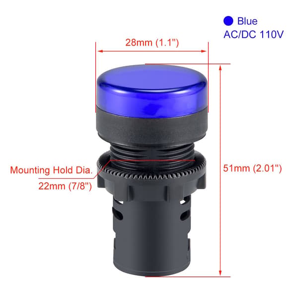 2 stk. AC/DC 110V indikatorlamper, blå LED, planmontering 7/8\" 22mm blue