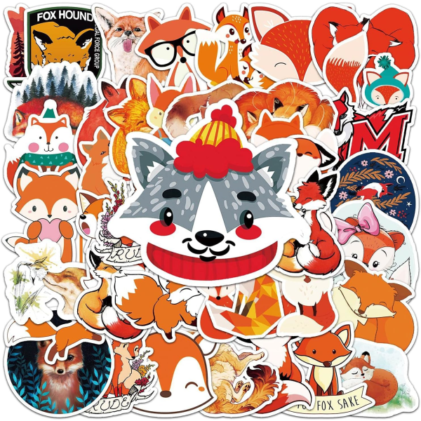 Tecknade rävklistermärken för bärbar dator 50 st, tecknade djurklistermärken för vattenflaska, mejeri, skateboard