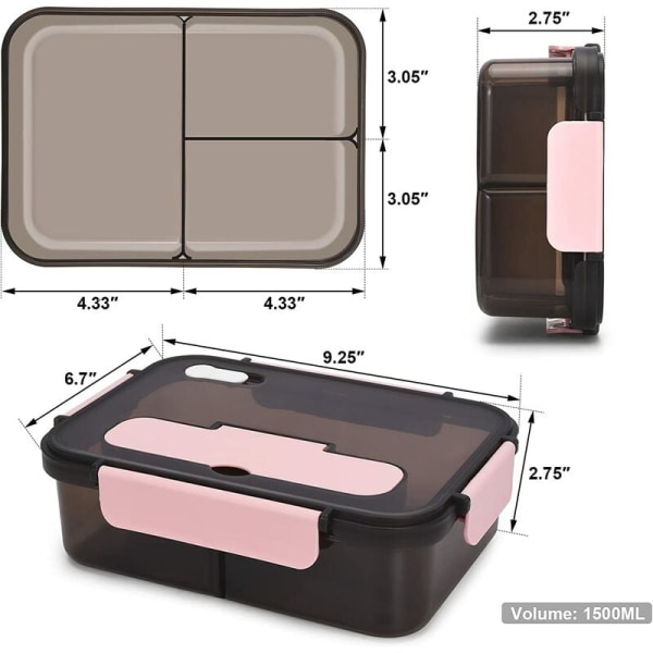Bento-låda för vuxna och barn, matförvaring och lunchlåda i plast för avhämtning, 1500 ml 3-fack multifunktionsbehållare med porslin (rosa)