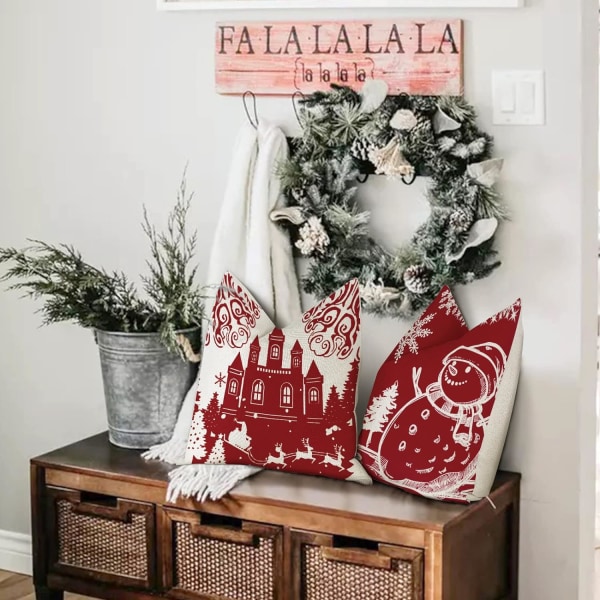 Set med 4 kuddfodral 45x45 Jultomte Älg Bomull och Linne Dekorativt örngott