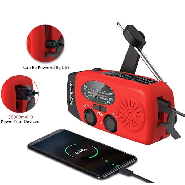 Solardriven nöd NOAA väderradio handvev självdriven AM FM WB radio 3 LED ficklampa red