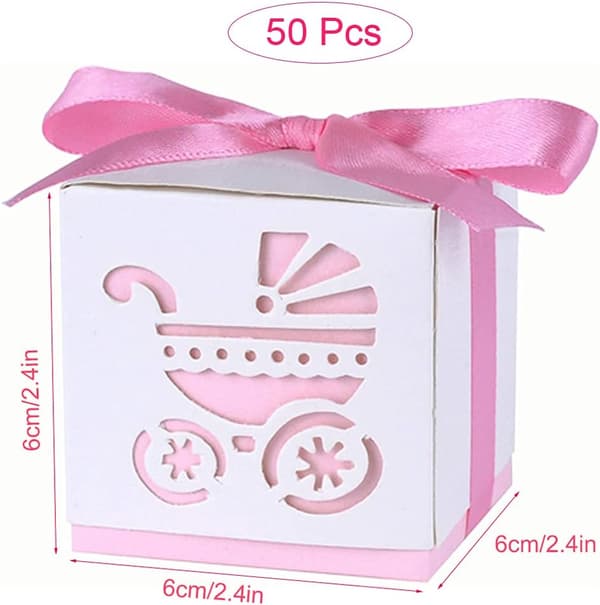 Paket med 50 presentaskar, presentask för nyfödda bebisar, presentaskar för fester, presentask med bandgodis (rosa) Pink