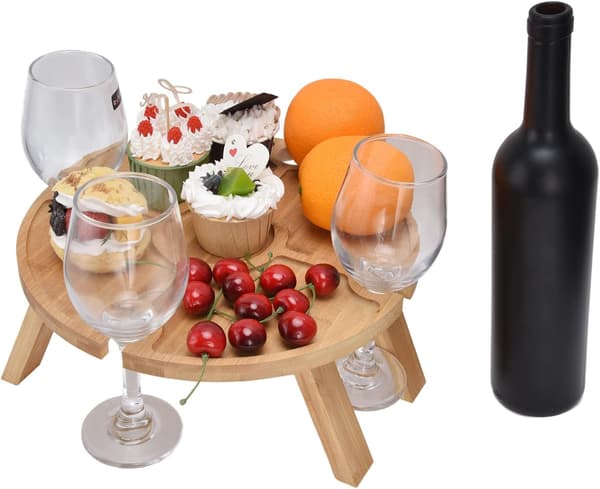 Bærbart campingbord, foldbart picnicbord i træ med vinglasholder