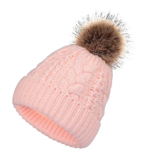 Stor hårig boll Beanie Hat Dubbel lager Varm twist mönster Stickad mössa light pink