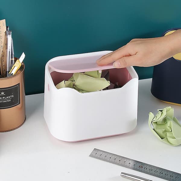 Bärbar miniskrivbords papperskorg, badrum tryck papperskorg med lock (blå) Blue