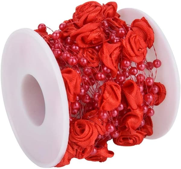 30m/rull 4mm Rød Kunstig Perletråd Perlekjede for DIY Bryllupsdekorasjon Red