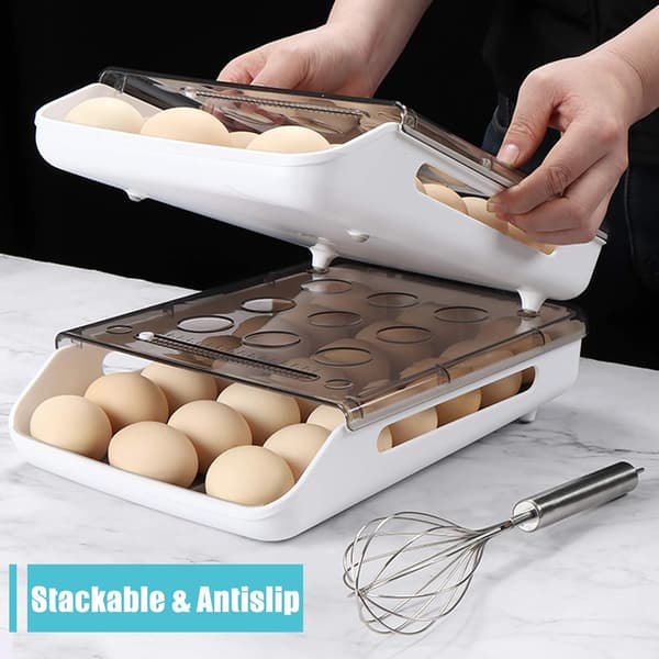 Stabelbart selv-rullende eggeholder, sklisikker eggebrett, matbeholder for 21 egg (grå) Grey
