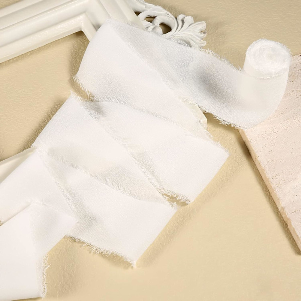 3 rullar handgjorda fransade chiffongband, 5 cm x 5,5 m vitt chiffongband silkesliknande band