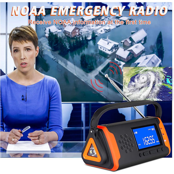 Nödväder vevradio 4000mAh - solenergi, telefonladdare, SOS-larm, LED-ficklampa