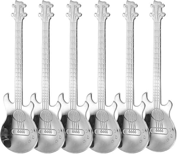 Rustfri og holdbar kaffeskestirrer i guitarform (sølv) 6 stk.