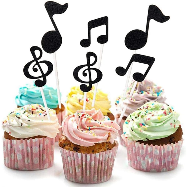 6st svarta musiknoter Cupcake Toppers tema tecknad festtillbehör Födelsedagsfestdekorationer