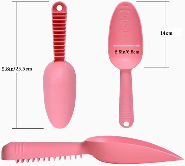 2 stk. planteskovle i plast, værktøj til omplantning af blomsterpotter, skovl til kæledyrsfoder (blå+pink)
