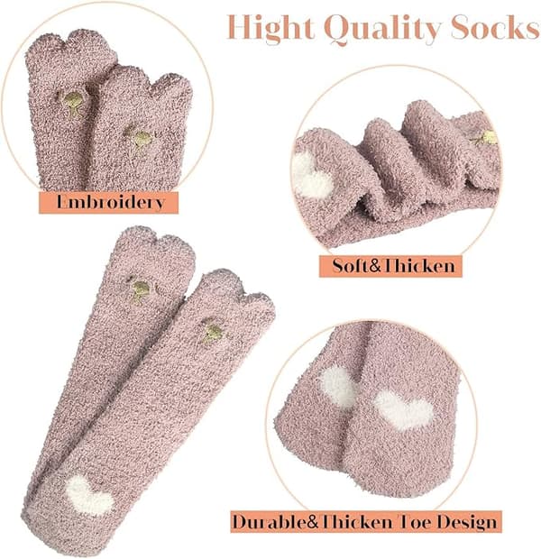 5 par nuttede sokker til kvinder Vintervarme sengesokker Fluffy sokker Sødt katteprint design