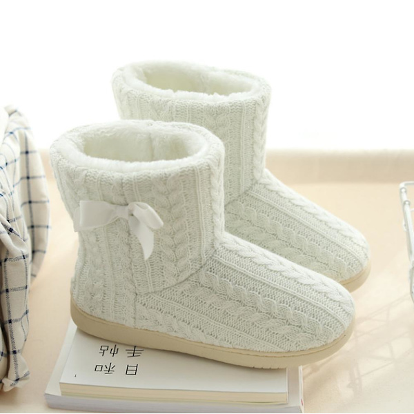 Kvinnor Stickad Bootie Toffel Varma Tofflor Plyschfodrad Anti-Slip White 23.5 cm