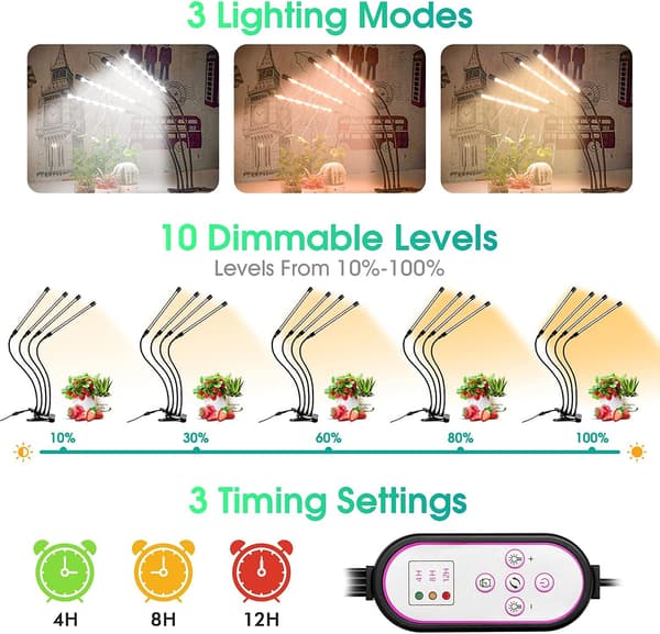 Plantelys, Vekstlys for Innendørsplanter, 80 LED-vekstlys med Timer, 3 Brytermoduser