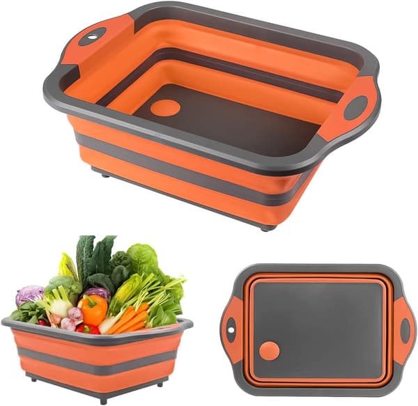 Fällbar diskho och skärbräda i plast 4 i 1, hopfällbar campingdiskho, orange Orange