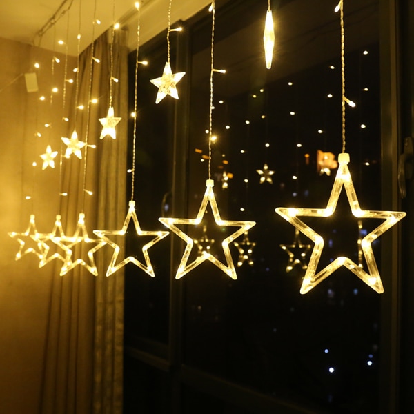 2,5 M LED julslingor, 12 stjärnor IP44 vattentät LED-gardinbelysning för inomhus, utomhus, trädgård, bröllopsfödelsedagsdekoration (varm vit) yellow