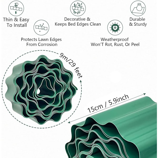 Plastkant för trädgård, 9m x 15cm Flexibel gräskantstaket, blomsterrabatter och gör-det-själv-landskapsarkitektur utomhus 15cn*9m